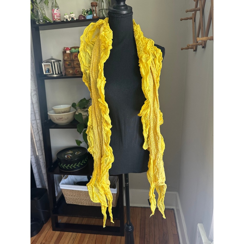Yellow Silk Cotton Blend Crinkle Ruffle Scarf Lightweight Boho Fairy Fringe
